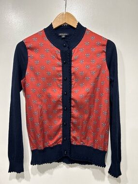Brooks Brothers Merino Wool Silk Cotton Blend Ruffle Cardigan Navy Sweater M